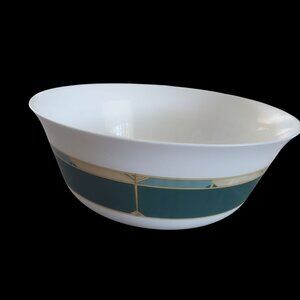 Luminarc French-Made Large Serving Bowl Green Gold Geometric Pattern VTG